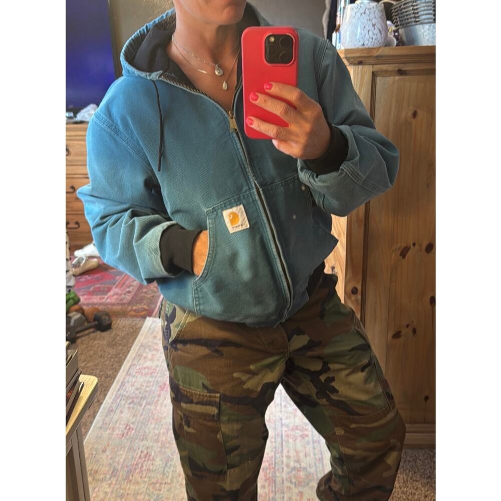 Rare Vintage 90's Carhartt Hooded Jacket/Coat Teal Sun Faded Distressed